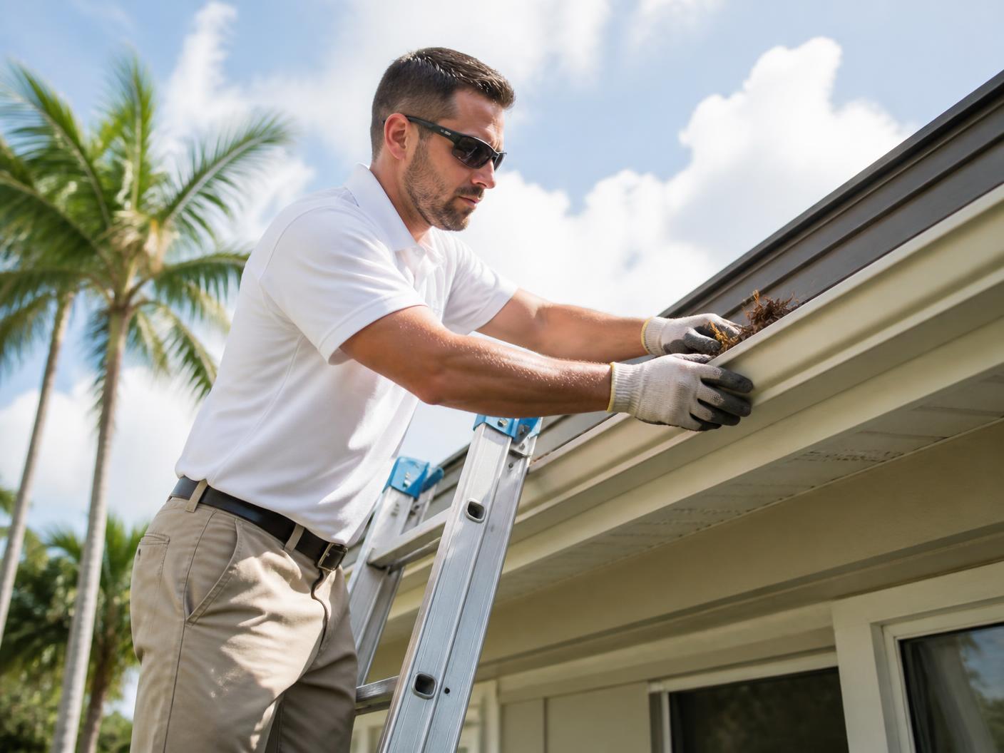 Gutter technician on a ladder clearing debris from a residential gutter in bright daylight